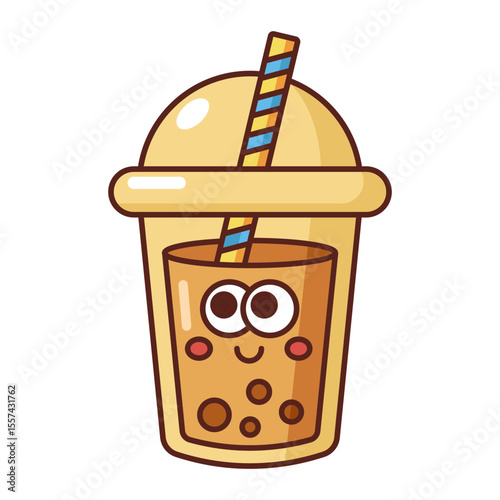 Cute bubble tea cup with smiling face cartoon style isolated on white background