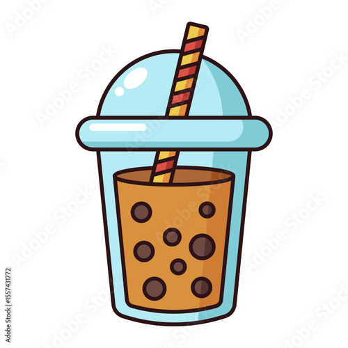 Cute bubble milk tea cartoon cup with straw isolated on white background