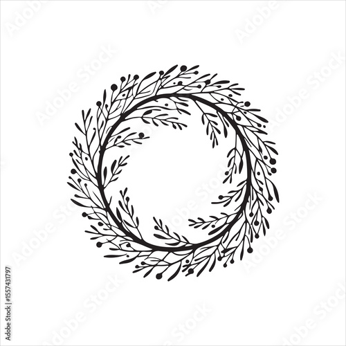 Rustic Hand-Drawn Floral Wreath with Leaves and Branches