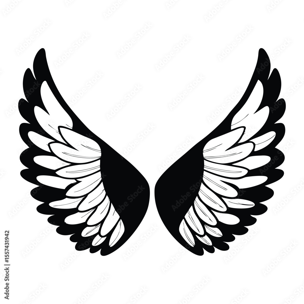 Fototapeta premium Angel wings vector illustration with bird feathers and flying silhouette design