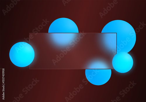 Dark red background with transparent panel and bright neon blue glowing spheres in glass morphism style for futuristic user interface and digital design.