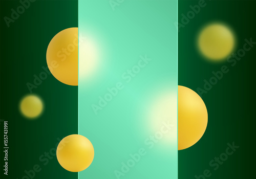 Vertical green glassmorphism panel with glowing golden 3D spheres on dark green background, elegant abstract futuristic design.