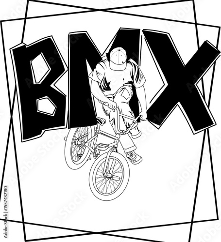 Stylish black and white illustration of a BMX biker, embodying urban street style and extreme sports. Ideal for apparel, posters, or digital content for a youthful audience.