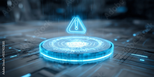 Cyber defense AI. Cyber defense AI hologram displaying security alerts in a digital format.
