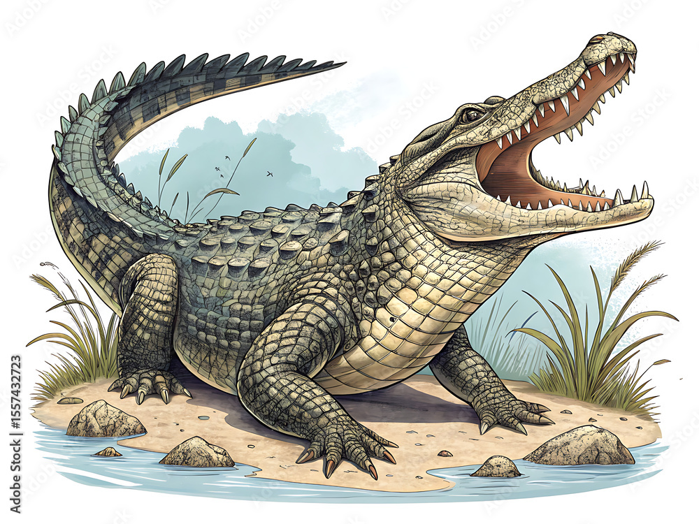 Obraz premium An elegant fighter Saltwater Crocodile icon set against a clean white background. 