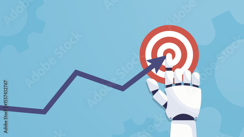 Rising arrow chart and robotic hand pointing at achieve targets. AI hands concept in the flat cartoon style. Successful way up to goal.  Artificial intelligence concept. Vector illustration.