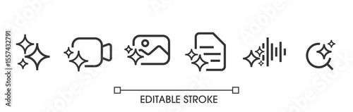 Set of Generative AI user interface. AI star with media icon. AI logotype. Artificial intelligence technology concept. Icon Element for website, mobile app. Vector illustration. Editable stroke.