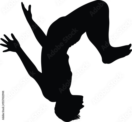 Silhouette of person doing backflip, dynamic human action pose, perfect for sports design, athletic movement illustration, energetic fitness art, vector clipart