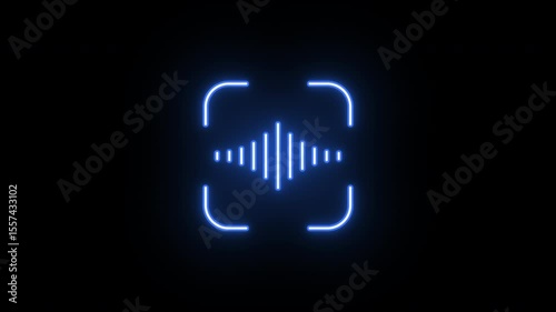 Neon voice scan icon, flickering emergence and fading. Glowing neon sound wave icon, looped animation. Voice control, speech recognition, voice command activation. Violet blue azure colors