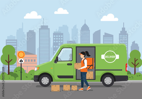 A delivery person unloading packages from a green van on a city street.