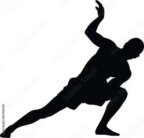 Silhouette of strong athletic man in dynamic action pose, stretching arm, balance, fitness, power, energy, sports strength icon illustration.