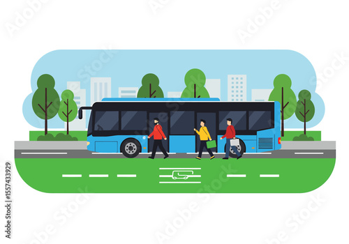 Passengers boarding a city bus on a sunny day, near a cityscape.