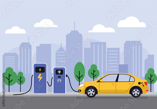 Yellow electric car charging at a city station.