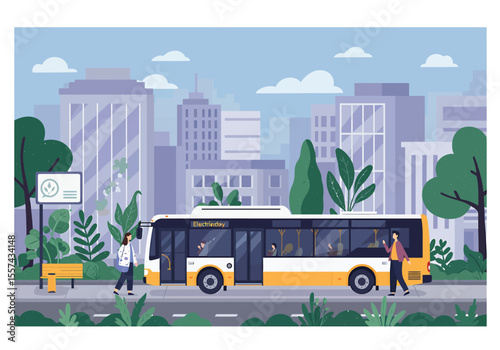 City bus stop, passengers boarding and disembarking, urban landscape background.