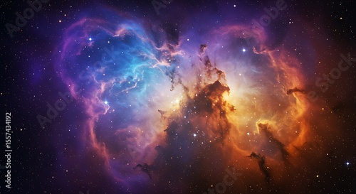 This striking scene illustrates the immense scale and beauty of the universe, with its radiant nebula, bright stars, and dramatic colors creating an awe-inspiring celestial landscape.