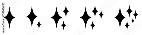Black Diamond Sparkle Icons Set. Hand Drawn Minimalist Twinkle Symbols for Magical Shine, Glossy Effect, Light Flash, Clean UI Decoration, and Cosmic Star Graphic Elements.