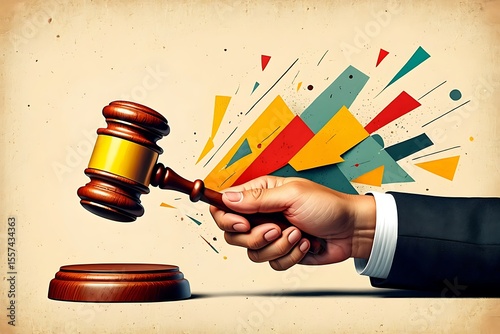 Wooden gavel striking a sounding block with colorful abstract shapes exploding judicial auction
