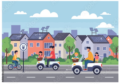 Happy families enjoy a leisurely ride on electric vehicles along a tree-lined street in a sustainable neighborhood.