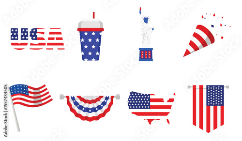 Flat vector set of patriotic USA symbols with soda, statue, and banner