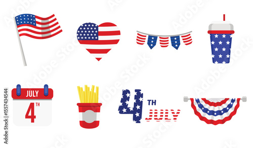 Collection of July 4th icons with hearts, fries, flags, and drinks