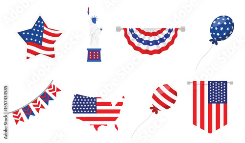 Independence Day Symbols with Statue of Liberty, Balloons, Maps, and Banners
