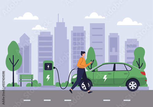 A person charges an electric car at a charging station in the city.