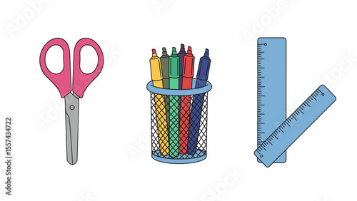 Colorful Back to School Stationery Icons: Scissors, Crayons, Ruler