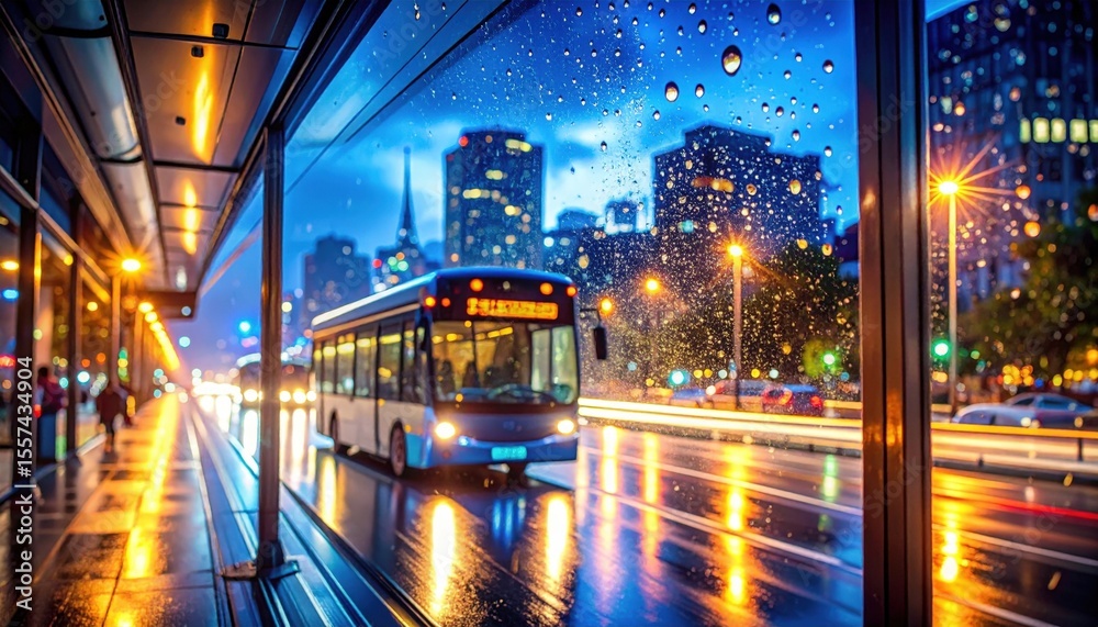 Fototapeta premium Rainy Night City Bus Stop