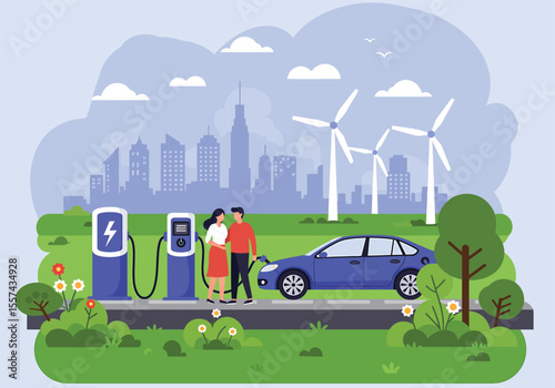A couple stands near an electric car charging, with a city and wind turbines in the background.