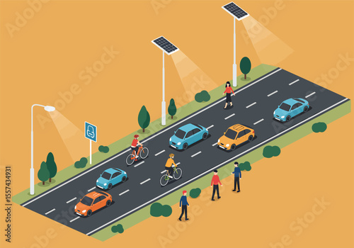 Isometric illustration of a road with cars, cyclists, and pedestrians, under solar-powered streetlights.
