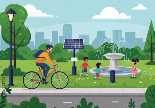 A man rides a bicycle in a park where children play near a fountain and solar panels.