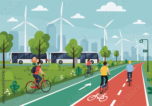 Illustration of people riding bicycles on a path alongside buses, with wind turbines and city buildings in the background.