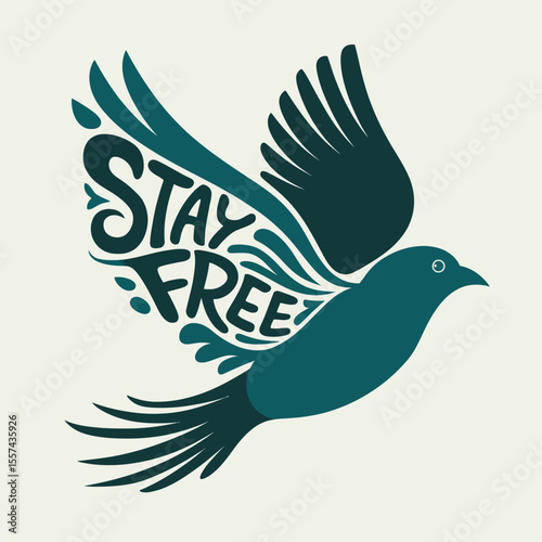Stylized teal bird in flight with the words stay free integrated into its wings and tail feathers against a cream background