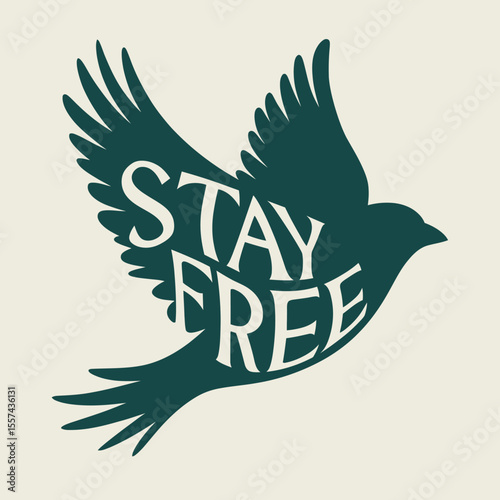 A graphic illustration of a dark teal bird in flight with the words stay free creatively integrated into its silhouette against a light cream background
