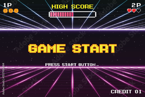 GAME START. pixel art. 8 bit game. retro game. for game assets in vector illustrations. arcade gaming.	