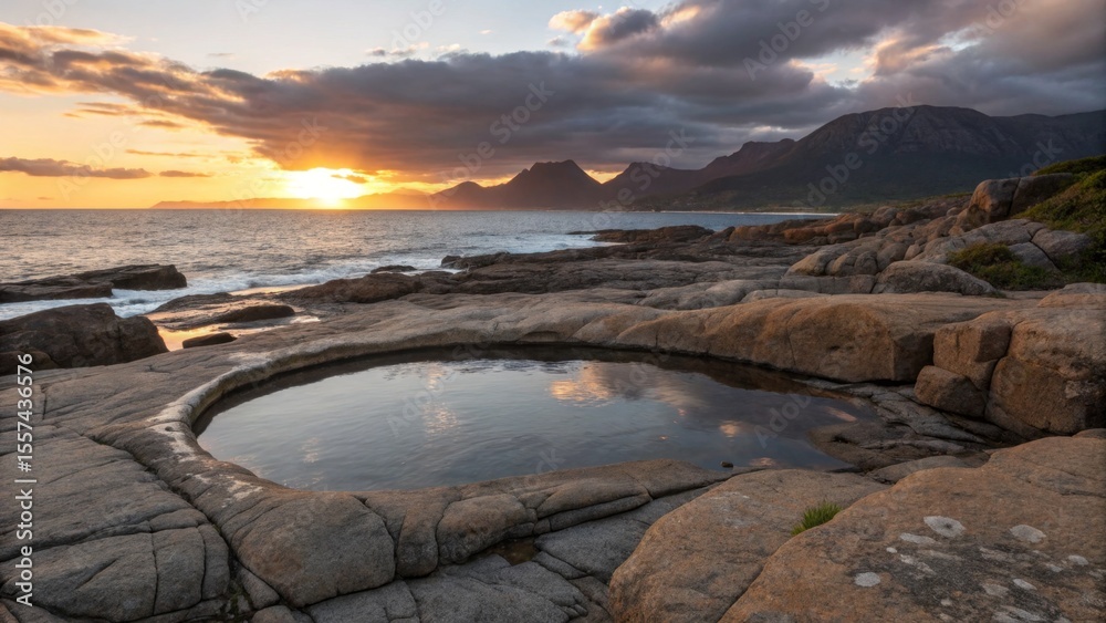 Naklejka premium Beautiful sunset landscapes paint the sky over mountains, lakes, and the sea, with vibrant dusk colors reflecting on the water and along the coast
