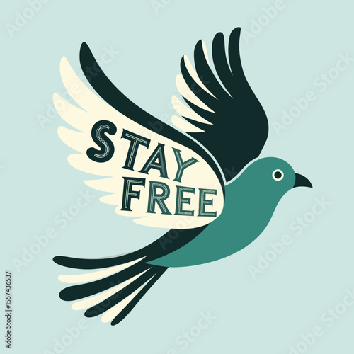 Stylized graphic illustration of a teal bird with dark blue and cream wings in flight with the words stay free written on its wings