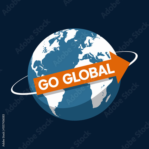 Go global concept with an orange arrow pointing across a stylized globe representing international expansion and worldwide connection
