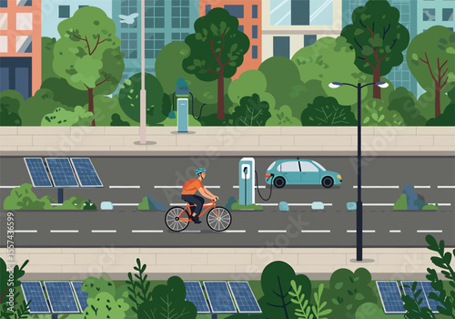 Illustration of a cyclist riding on a city street with solar panels and an electric car charging.