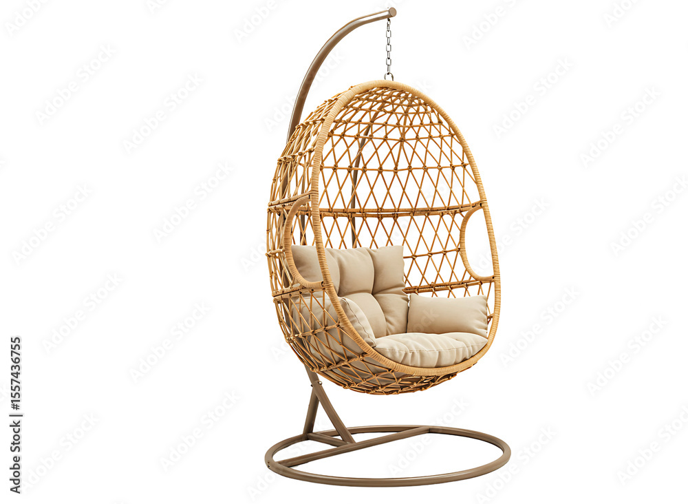 Fototapeta premium Wicker hanging egg chair with blue cushions isolated on transparent background