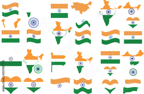 Collection of Indian flags maps and heart shapes with Ashoka chakra symbol