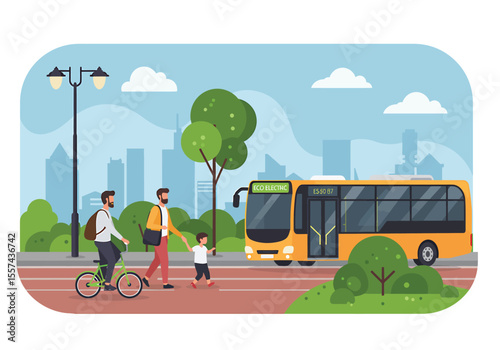 A man cycles past a father and child crossing the road as a bus approaches in a city park setting.