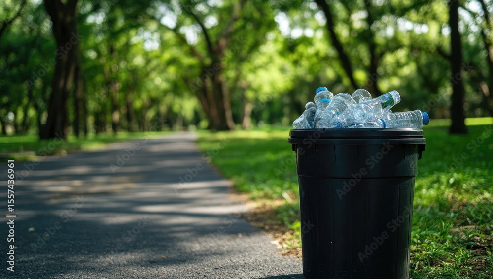 Fototapeta premium Trash can overflowing with plastic bottles in park