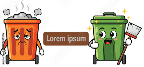 A cartoon illustration showing a sad, overflowing, smelly orange trash can next to a happy, clean, green trash can holding a broom, symbolizing before and after waste management or cleanliness.