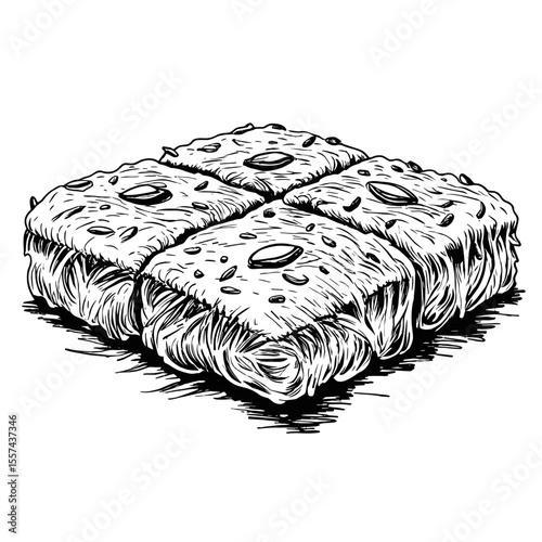 Egyptian konafa dessert with nuts in black and white illustration, summer cafe menu, vector  