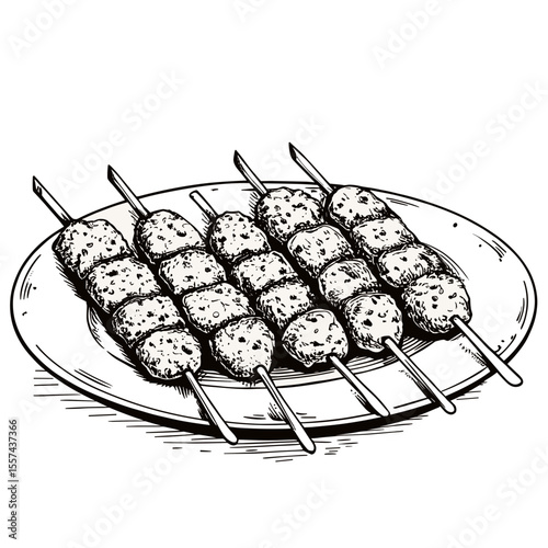 Grilled kofta skewers served on a plate in monochrome illustration white background, summer cafe menu, vector  