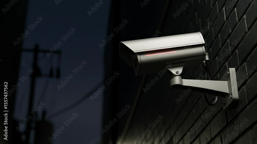 Modern security camera with a blinking red light on a dark brick wall at night providing urban surveillance.