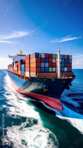 Large container ship sailing on the open ocean under a bright blue sky, transporting goods across the sea to destinations worldwide