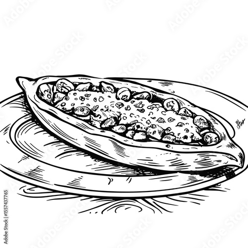 Traditional pide dish served on a plate with filling ingredients, white background, summer cafe menu, vector  
