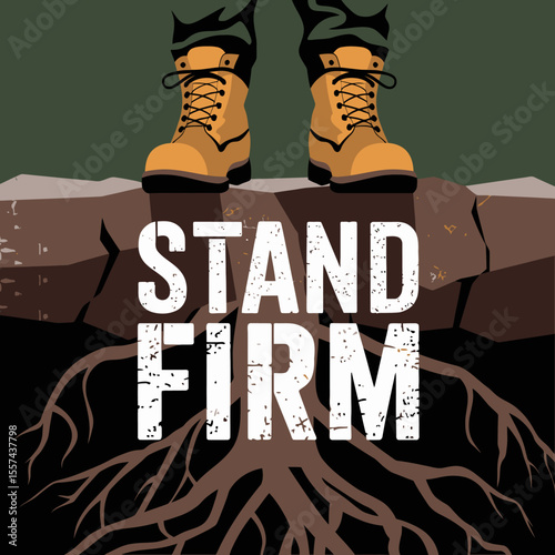 A pair of sturdy work boots stand firmly on rocky ground above exposed tree roots symbolizing strength resilience and a solid foundation